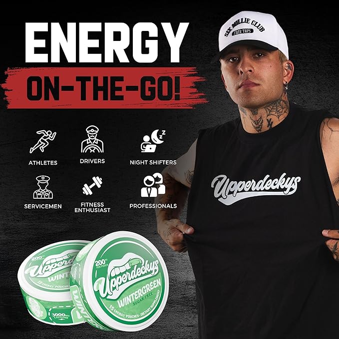 Upperdeckys, Cool Wintergreen Caffeine Energy Pouches - Free Replacement or Alternative for Focus and Energy - Sugar Free Nootropic Pouches, Made in the USA & Delicious Flavor (4-Pack, 200mg)