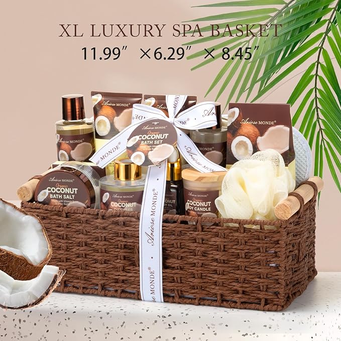 Spa Gift Baskets for Women, Coconut XL Bath Gift Set 17Pcs with Shower Gel, Bubble Bath, Hand Cream, Bath Salt, Essential Oil, Luxury Bath and Body Spa Kit for Mother's Day