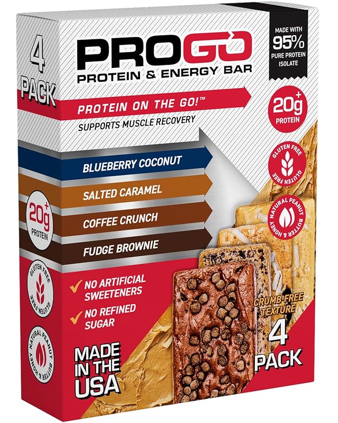 ProGo Protein Bars, Low Sugar, High Protein Snacks (Up to 21g) - 95% Pure Isolate for Faster Muscle Growth & Recovery, Low Calorie, Sweetened w/Peanut Butter & Raw Honey (4-Count, Starter Pack)