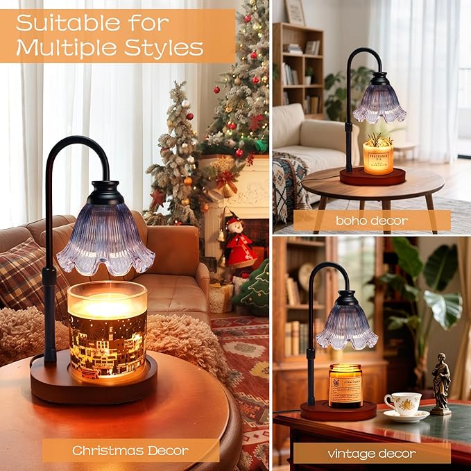 Flower Candle Warmer Lamp with Timer: Birthday Gifts for Women Mom, House Warming Gifts New Home Decor, Dimmable Candle Warmer for Jar Candles, Height Adjustable Wax Melts Warmer (Gray)