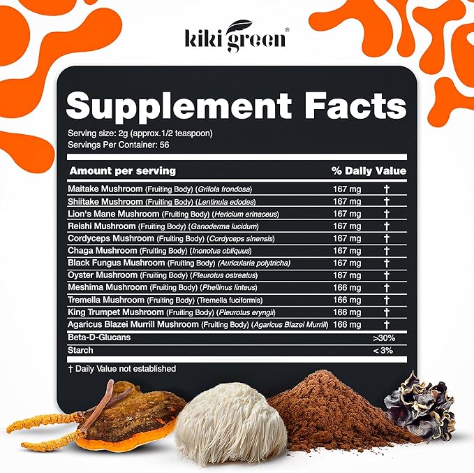 KIKI Green 12 Mushroom Powder 4 oz - Lion's Mane, Cordyceps, Chaga, Reishi, Shiitake, Maitake & More - Vegan, Fruiting Body Mushroom Supplement Powder for Focus, Energy, Immunity