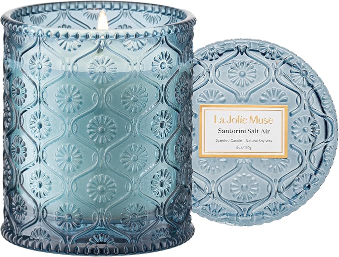 LA JOLIE MUSE Santorini Salt Air Candle - Bergamot, Sea Daffodil, Sandalwood | 6 oz Natural Soy Wax | 40 Hours Clean Burn | Ocean Scented Candle | Gift-Ready for Hosts & Gatherings