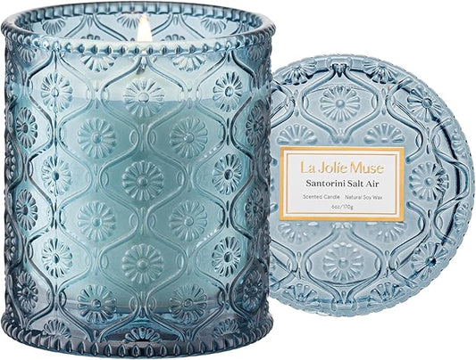 LA JOLIE MUSE Santorini Salt Air Candle - Bergamot, Sea Daffodil, Sandalwood | 6 oz Natural Soy Wax | 40 Hours Clean Burn | Ocean Scented Candle | Gift-Ready for Hosts & Gatherings