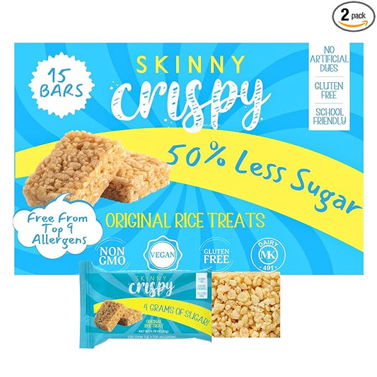 Skinny Crispy Original Vanilla Rice Treats – Low Sugar (4g), Vegan, Gluten-Free, Dairy-Free, Non-GMO, Top 9 Allergen-Free, Healthy Snack Bars, 15 Count