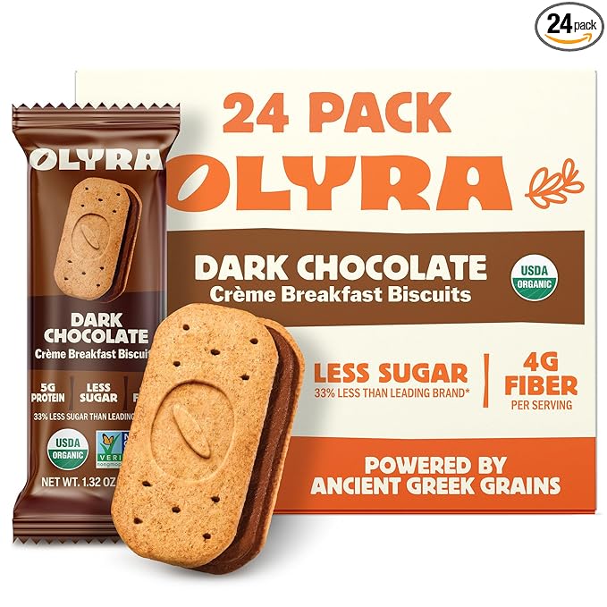 Olyra Dark Chocolate Sandwich Breakfast Biscuits, Healthy Snacks for Adults and Kids, Low Sugar, Organic Vegan Cookies, Office Snacks, USDA Certified, Non GMO 24 Packs