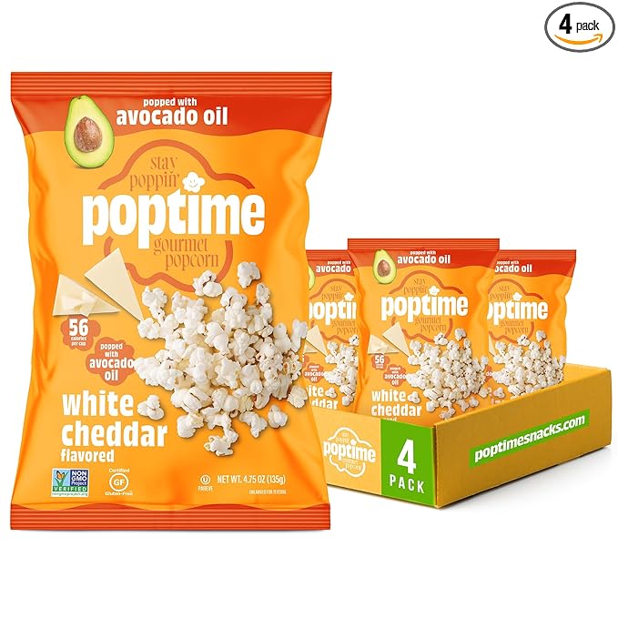 Poptime White Cheddar Popcorn Snack Bags – Gourmet Popcorn Bags, Healthy Snack With Heart-Healthy Avocado Oil, Crunchy, Cheesy, Gluten Free, Vegan, Low Calorie, Non-GMO, Kosher - 4.75 oz - Pack 4