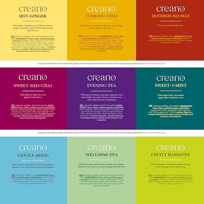Creano Organic Herbal Tea Sampler Gift Set - Tea Gift Box - 27 Organic Tea Bags in 9 Different Varieties 54 g