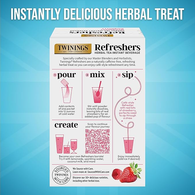 NEW Twinings Strawberry Raspberry Refreshers, Herbal Tea Instant Beverage with Real Strawberry Fruit Bits, 5 Count (Pack of 6), Café Style, No Artificial Sweeteners, Naturally Caffeine-Free, 30 Packets