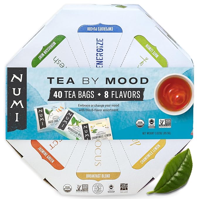 Numi Organic Tea By Mood Gift Set, 40 Tea Bag Assortment, Premium Organic Black, Pu-erh, Green, Maté, Rooibos & Herbal Teas