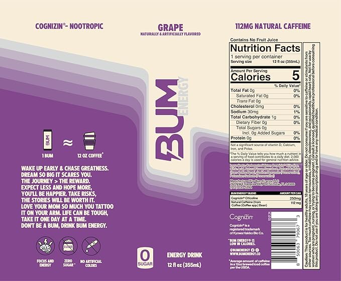 BUM Zero Sugar Energy Drink Variety Pack – Root Beer, Beer, Dr. Bum, Cola & Grape – Lightly Carbonated Sports Beverage with Natural Caffeine & Citicoline for Focus & Energy – 12 fl oz (12-Pack)