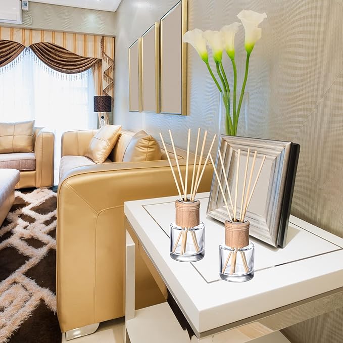 Roshtia 4 Set Reed Diffuser Bottle Empty Refillable Fragrance Glass Diffuser Bottles Set with Wooden Caps Rattan Sticks 50ml 1.7 oz Round Glass Jars for DIY Fragrance