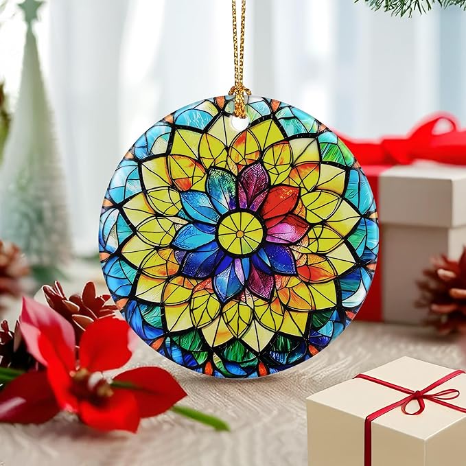 Flower Ornament – Christmas Decoration & Christmas Ornament; Round Ceramic (Holiday Present, Bauble Present, Gift Idea, and Gift Exchange) | Heirloom Keepsake