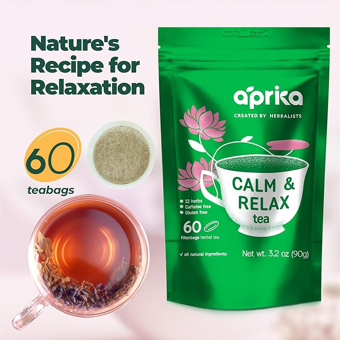AprikaLife - Calm and Relax Herbal Tea with Chamomile, Peppermint, and Lavender - 60 Tea Bags. Delicious Herbal Blend for a Calming Experience