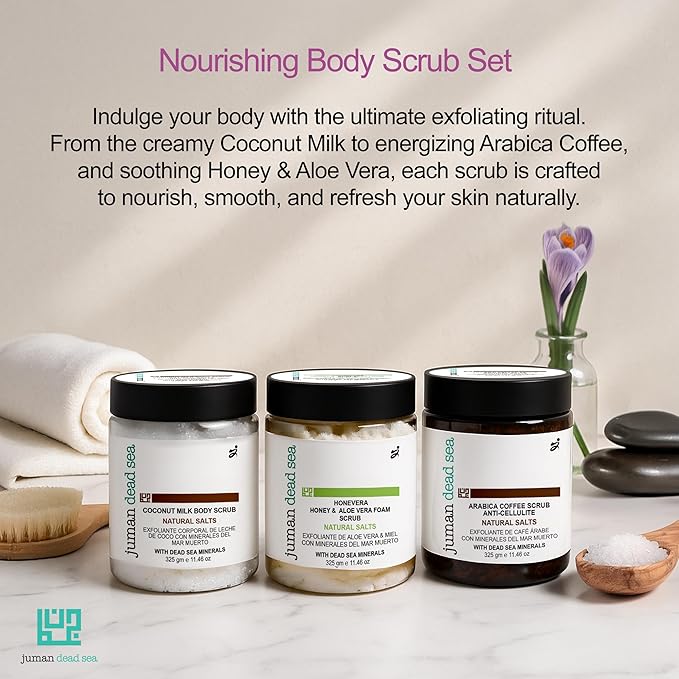 Juman Dead Sea Minerals Nourishing Body Scrub Set | Infused with Essential Oil & Nutrients | Dead Sea Salt Scrub Kit | SlS & Paraben Free | Vegan | Pack of 3