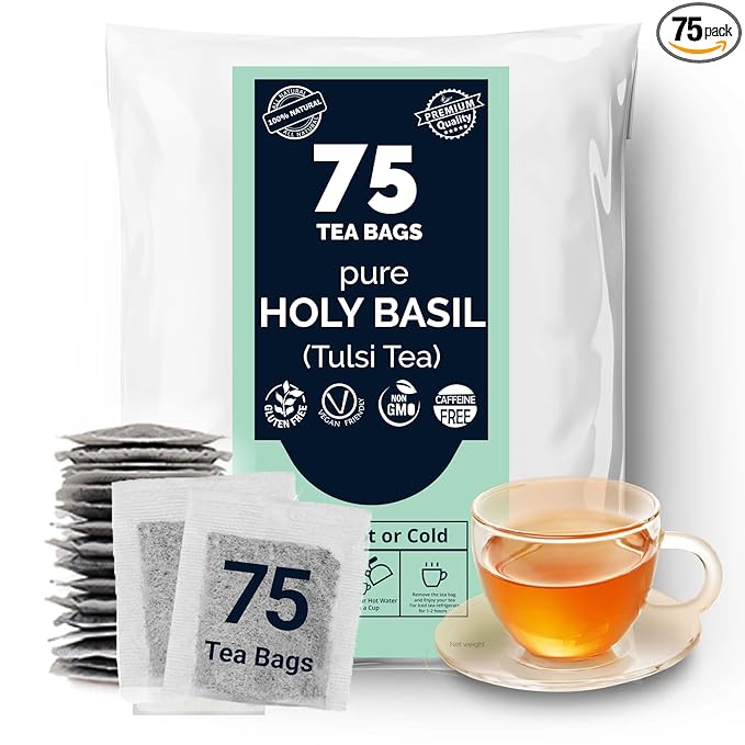 Akshit- Holy Basil Tea, 75 Tulsi Tea bags, Premium Holy Basil Leaves, Aromatic HerbalTea, Sugar Free, Caffeine-Free, Non Gmo.