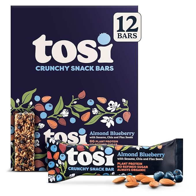 Tosi Almond Blueberry Protein Bars, Plant Based with Nuts, Gluten-Free Crunchy Snacks, Vegan, Organic, Flax & Chia Seeds, Soy-Free, Omega 3s, 5G Protein, 1 oz, 12-Pack