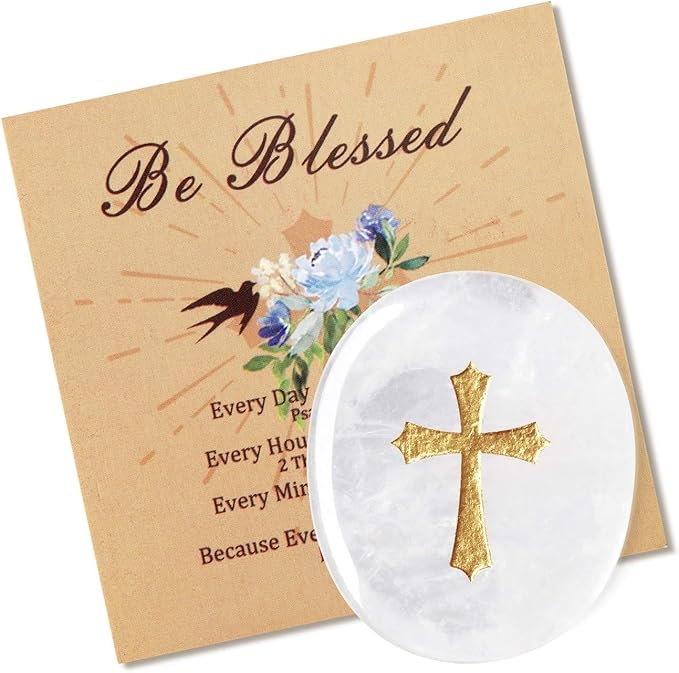 LAIDANLA Clear Quartz Cross Engraved Healing Crystal Worry Stones for Pray Faith Anxiety Relief Oval Palm Stone Polished Natural Crystal Gifts