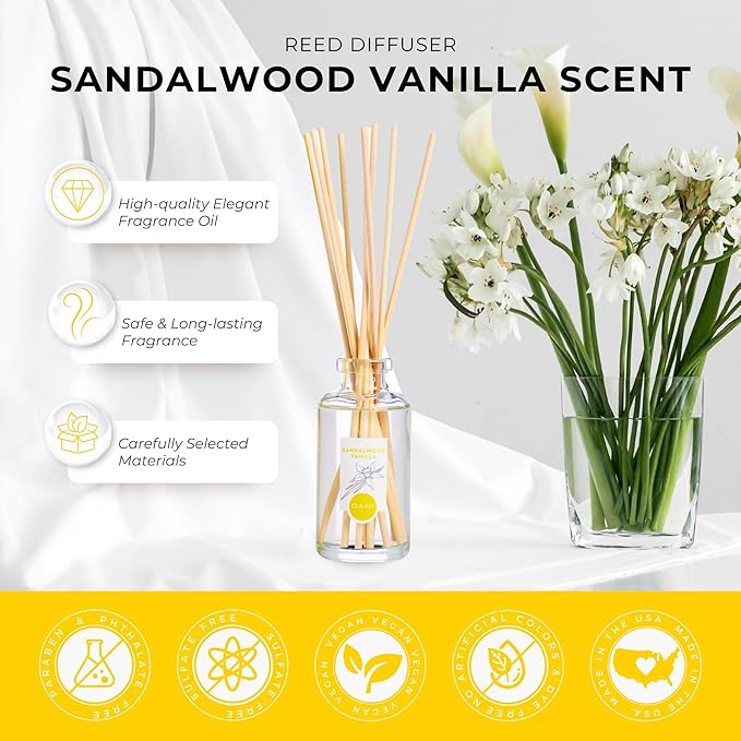 DANI Naturals Reed Diffuser Set - Vanilla Sandalwood Scent - Aromatherapy Essential Oils - Alcohol-Free, Non-Toxic - 10 Sticks - 3.5 oz