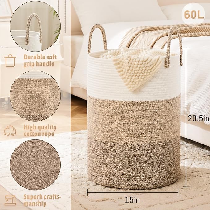 Laundry Basket,Woven Cotton Rope Laundry Hamper,60L for Decorative Storage of Dirty Clothes,Toys and Blankets in Bathroom,Bedroom and Living Room