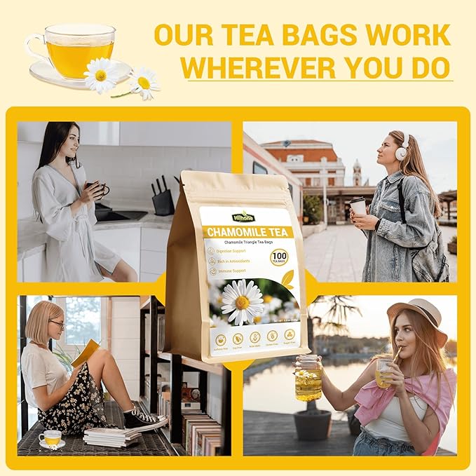 Chamomile Tea Bags 100 Count, Chamomile Flower Herbal Tea with Sugar-Free, Caffeine-Free