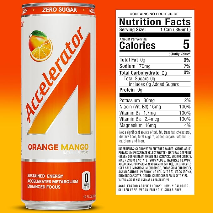 Accelerator Energy Drink Sugar Free, Orange Mango 12oz can(12 pack)Zero Sugar Energy Drinks with Sustained Energy from 100% Natural Caffeine (200mg) & Green Tea extract