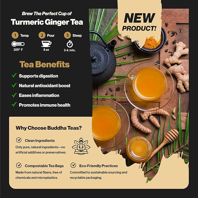 Buddha Teas - Organic Turmeric Ginger Tea Bags - For Health & Wellbeing - With Antioxidants & Minerals - Clean Ingredients - Caffeine Free - OU Kosher & Non-GMO - 100 Non-String Tea Bags (Pack of 1)