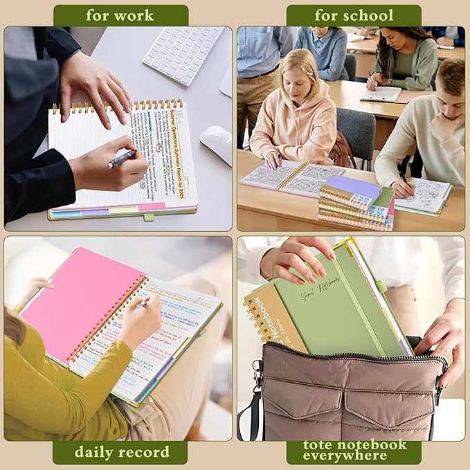 Hardcover Spiral Notebooks for Work, 5 Subject Notebook College Ruled with Dividers Tabs, 8.5" x 11" Lined Notebook Journal for Women, A4 Large Notebooks for School Note Taking, 240 Pages Green