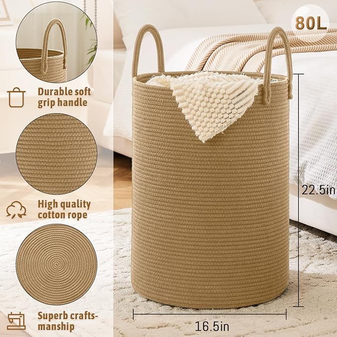Laundry Basket,Woven Cotton Rope Laundry Hamper,80L for Decorative Storage of Dirty Clothes,Toys and Blankets in Bathroom,Baby Room and Living Room