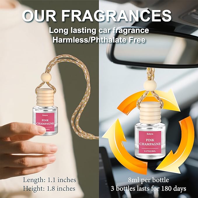 Hanging Car Air Freshener (Pack of 3) : Luxury Car Perfume for Women Men | Cute & Reusable Bottle with 45+ Days Long-Lasting Fragrance Oil Diffuser, Pink Champagne