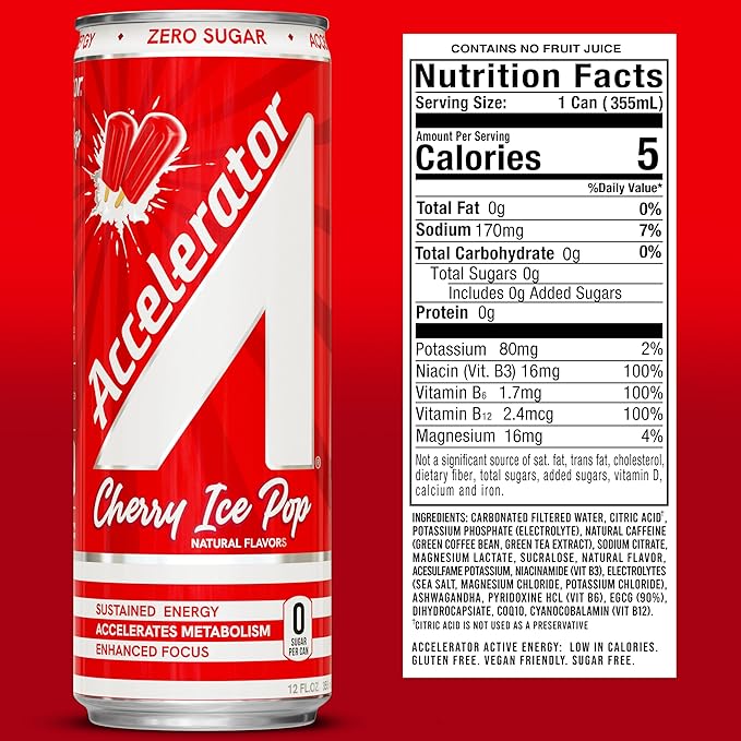 Accelerator Energy Drink Sugar Free, Cherry Ice Pop 12oz can(12 pack), Zero Sugar Energy Drinks with Sustained Energy from 100% Natural Caffeine (200mg) & Green Tea extract