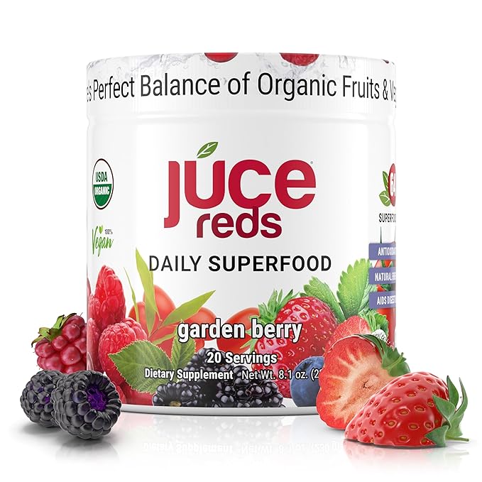 Terra Kai Organics JUCE Reds Organic Superfood Powder - Garden Berry Flavor | Fruit & Veggie Powder for Everyone w/64 Immune Boosting Superfood Plus Probiotics for Gut Health | 20 Servings (230g)
