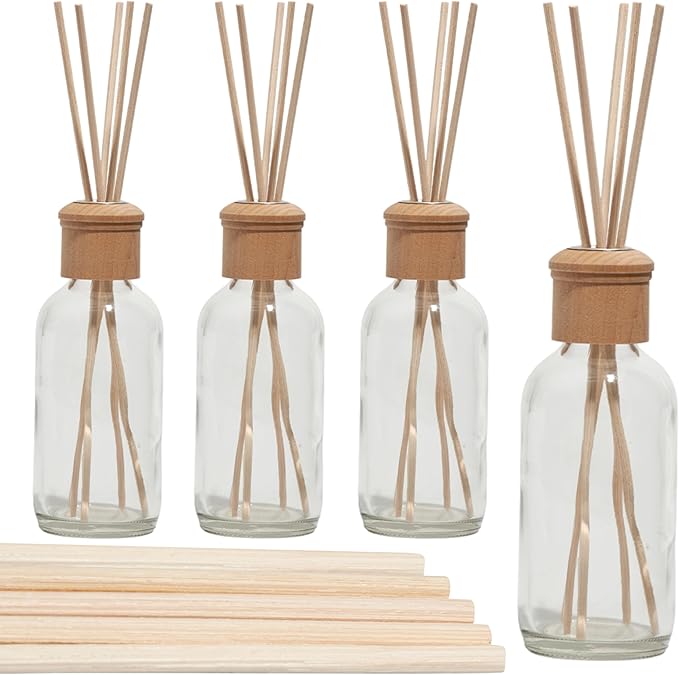 Whole Housewares Reed Diffusers for Home - Transparent Glass with Wooden Top - Elegant Empty Design - Ideal Bathroom Diffuser - 4 Pieces - Stable and Artistic Base - Oil Stick Diffuser - 4.9 x 1.9 in