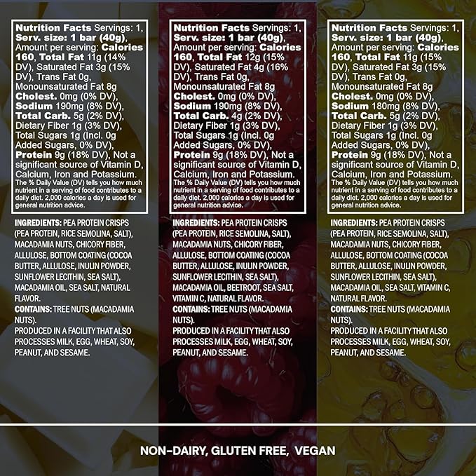 Blueprint by Bryan Johnson Macadamia Nut Protein Bars – Variety Pack Protein Bars - Lemon, White Cocoa & Raspberry – Vegan, Low Sugar, Keto-Friendly Snacks – Non-GMO, Raw Nut Bar– 9g Protein – 12 Pack