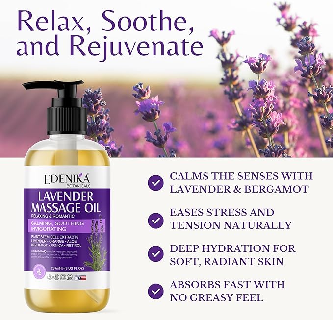 Lavender Aromatherapy Massage Oil for Couples, Romantic & Relaxing Body Oil with Calming Lavender Scent. Helps Relax The Body & Soothe The Senses, 8 fl oz
