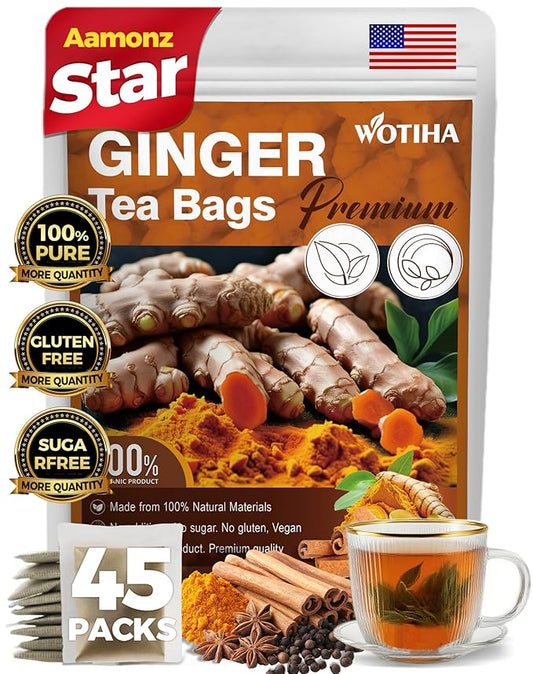 WOTIHA-Natural Ginger Turmeric Cinnamon Tea 180g,100% Natural High-Concentration Ingredients ,Herbal Tea Bags, Rich in FlavorNon-GMO • Additive-Free • Caffeine-Free • Vegan.