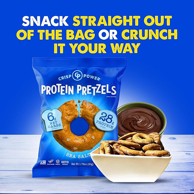 Crisp Power Protein Pretzels, Sea Salt, High Protein Vegan Keto Snack, 28 G Plant Based Protein, Low Carb Crunchy Pretzel Snacks, Sugar Free, No Seed Oils, 1.75 oz Bags, 24 Pack