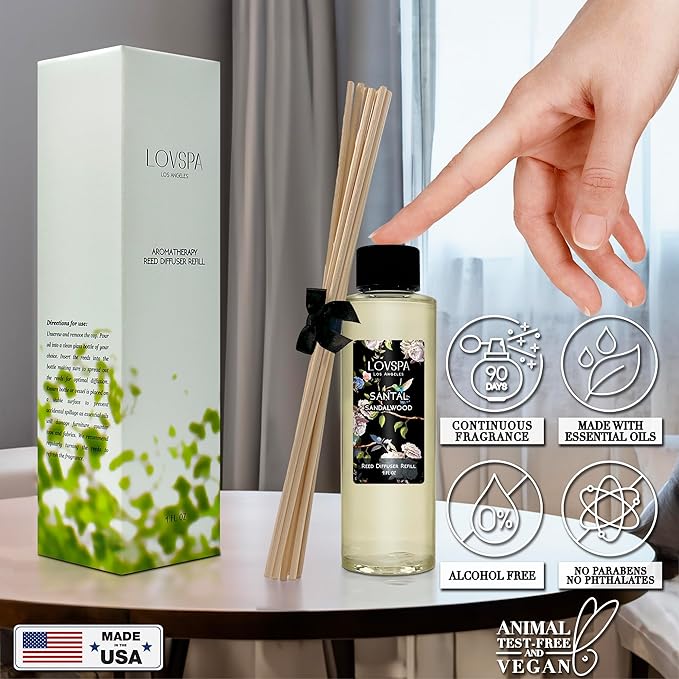 LOVSPA Santal (Sandalwood) Diffuser Oil - Luxury Essential Oils for Diffuser Refill & Air Freshener Room Spray - Long-Lasting & Natural Home Fragrance, Scented Oil for Diffusers, USA Made, 4oz