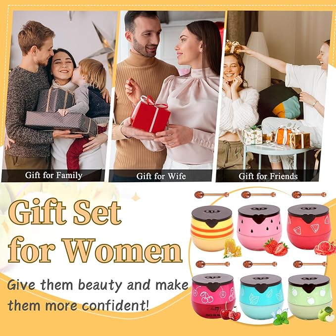 6PCS Bee Lip Balm Honey Pot - Lip Sleeping Mask - Moisturizing Lip Gloss for Women - Lip Mask Overnight Gift Set - Tinted Lip Balm - Easter gift - Honey,Cherry,Strawberry,Apple Lime,Watermelon,Mint