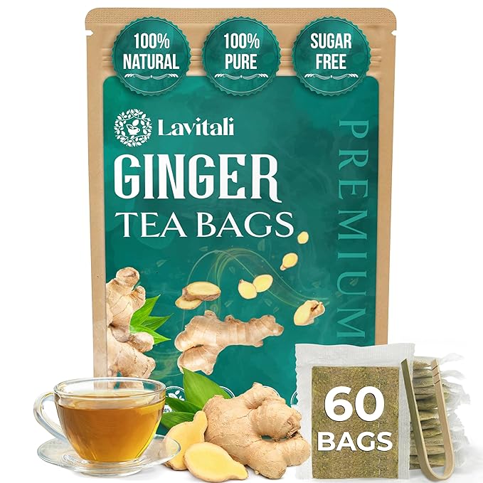 Lavitali, Ginger Tea Bags | 60 bags, 100% Pure Herbal Tea | Caffeine-Free, No Sugar, Eco-Friendly Filter Bags | Daily Natural Botanical, Hot or Iced Herbal Infusion
