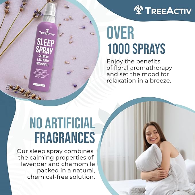 TreeActiv Sleep Spray, Calming Lavender Chamomile, Soothing Witch Hazel & Lavender Pillow Spray Air Freshener for Room, Bed, Fabric, Pillows & Linen Mist for Sleeping & Relaxation, 1000+ Sprays