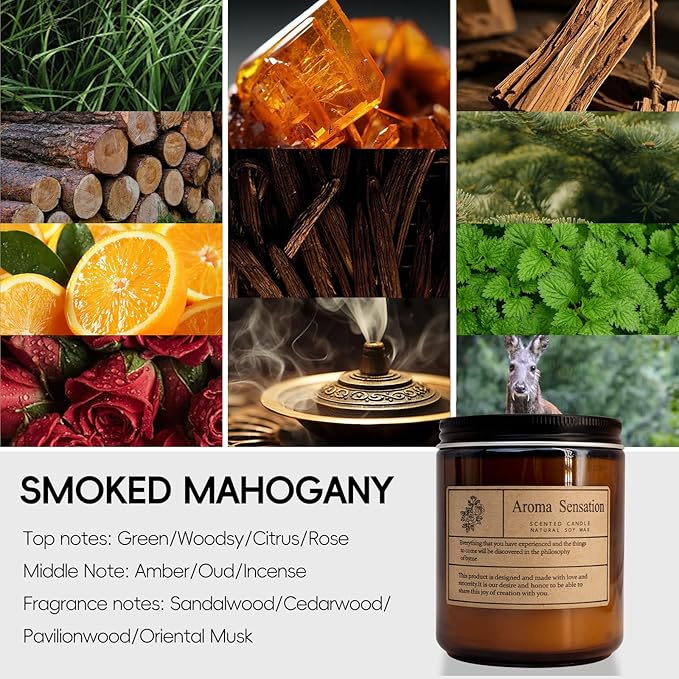 Organic Smoked Rosewood Candles - Non Toxic Soy Candles for Home, Stress Relief & Meditation (7oz)