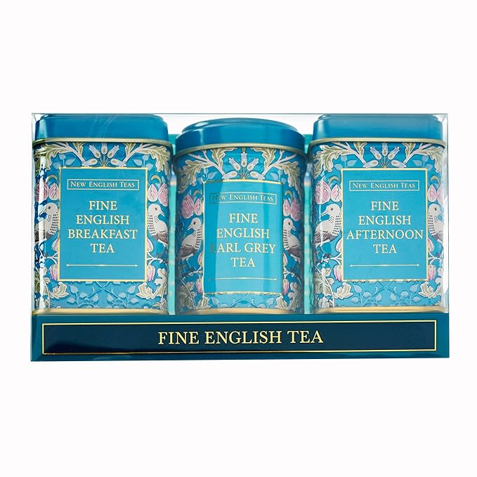 New English Teas 3x Song Thrush and Berries Mini Tea Tins with Loose English Tea - English Breakfast, Earl Grey and English Afternoon Blends