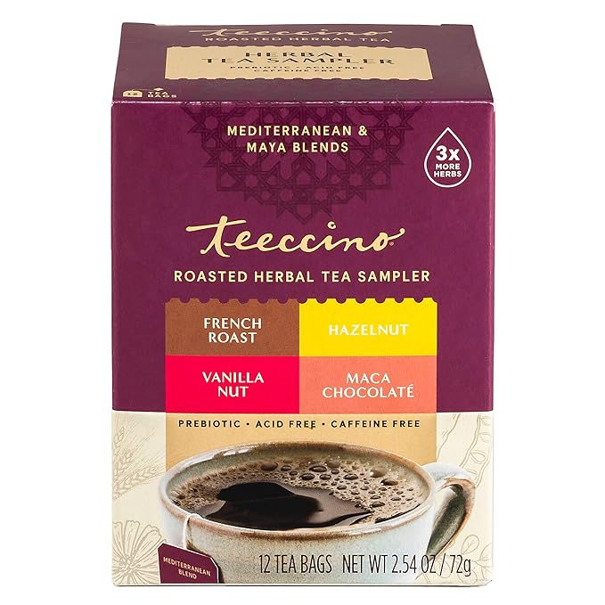 Teeccino Herbal Tea Sampler Assortment - 12 Tea Bags - Maca Chocolaté, French Roast, Hazelnut, Vanilla Nut - Roasted Caffeine Free Herbal Tea, Prebiotic for Natural Energy