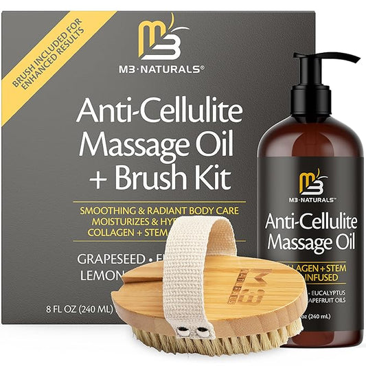 Anti Cellulite Massage Oil and Firm Dry Brush Kit | Collagen & Stem Cell Skin Tightening Kit | Radiant Body Care Kit for Women by M3 Naturals