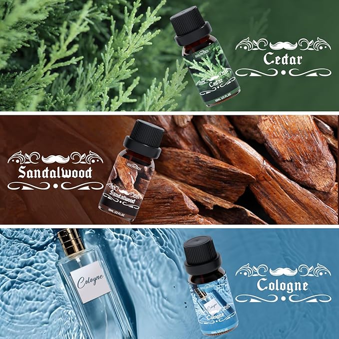 Men Diffuser Oils Gift Set, SNOWSEN Gentlemen's Essential Oil Set for Diffuser for Home, Candles Scents & Perfume, Sandalwood, Cologne, Smoked Ebony, Amber Rum, Cedar, Sweet Tobacco