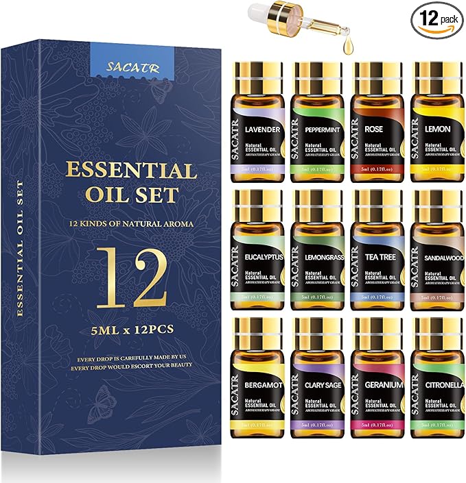 Essential Oils by SACATR Natural Essential Oil Set -12 Essential Oils Gift Set for Diffuser, Massage, Fragrance Oil Scent for DIY Candle and Soap Making (12 * 5ML)