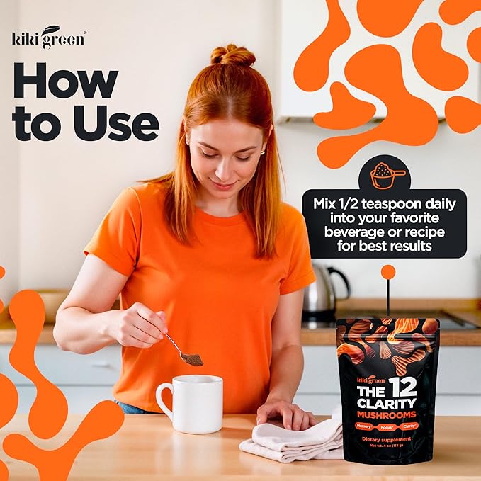 KIKI Green 12 Mushroom Powder 4 oz - Lion's Mane, Cordyceps, Chaga, Reishi, Shiitake, Maitake & More - Vegan, Fruiting Body Mushroom Supplement Powder for Focus, Energy, Immunity