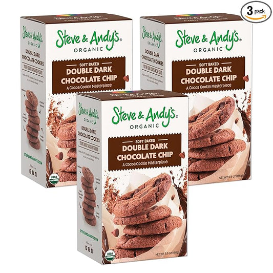 Steve & Andy’s Deliciously Induldent Soft Bake Double Dark Chocolate Chip Cookies – Organic, Gluten Free, Non-Gmo, Nut Free, Wheat Free, Soy Free – 16.5 Oz, 3 Boxes (30 Cookies)