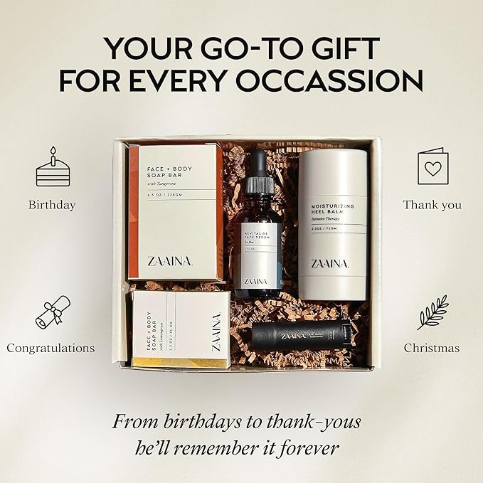 ZAAINA Men’s Self Care Kit – Luxury Spa Gift Set for Men with Face Serum, Soaps, Heel Balm & Lip Balm – Natural Grooming Care Package for Men – Birthday & Relaxation Spa Kit (Deluxe Set)