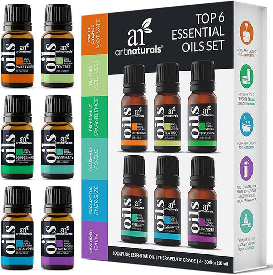 ArtNaturals Aromatherapy Top-6 Essential Oil Set - (6 x 10ml Bottles) - 100% Pure of The Highest Therapeutic Grade - Premium Gift Set – Lavender, Peppermint, Tea Tree, Eucalyptus